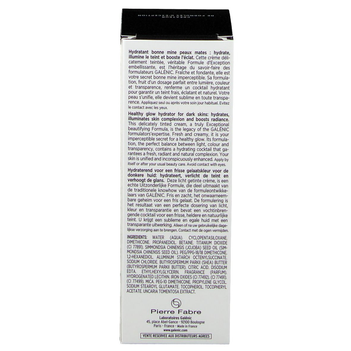 Emballage. Texte multilingue. Inscriptions: Galénic, ingrédients, 30 ml.