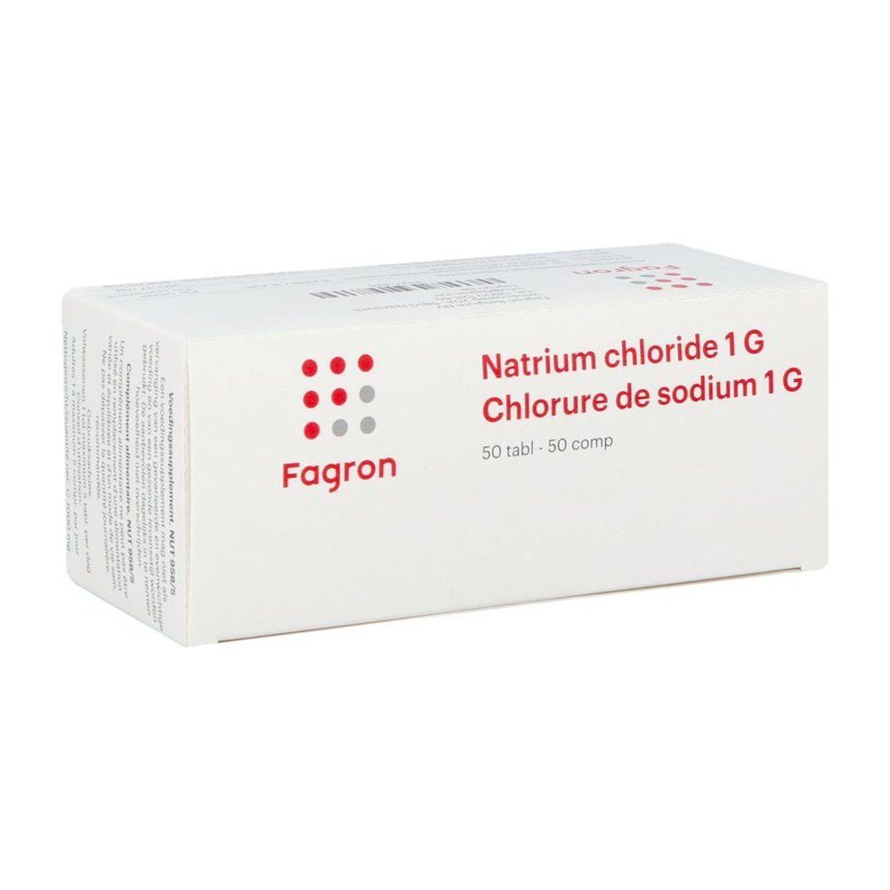 Witte doos met rode tekst. Fagron, Natriumchloride 1g, 50 comp. Tekst in het Nederlands en Frans.