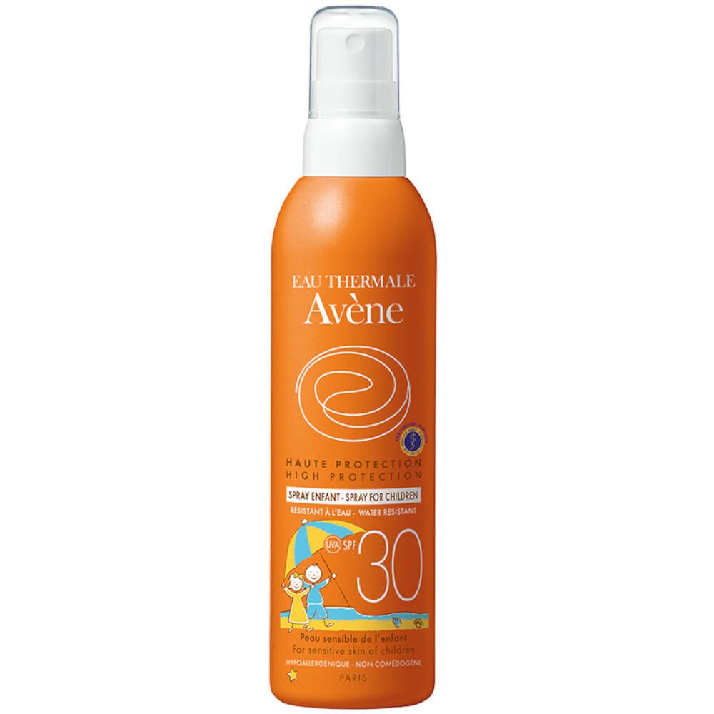 Flacon spray orange avec bouchon blanc. Inscription: Eau Thermale Avène, Spray pour enfants, SPF 30.