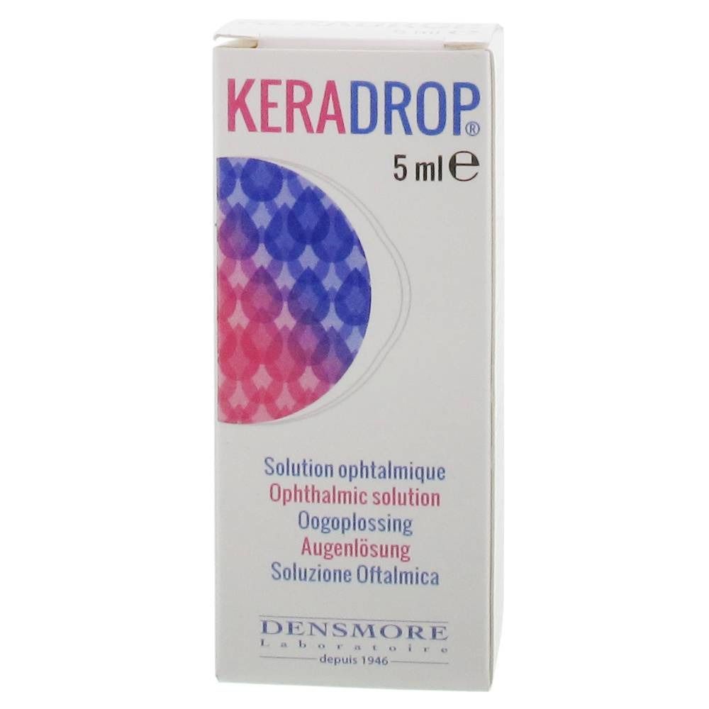 Boîte en carton Keradrop, 5 ml. Inscriptions multilingues. Motif abstrait bleu et rose. Fabricant : Densmore.