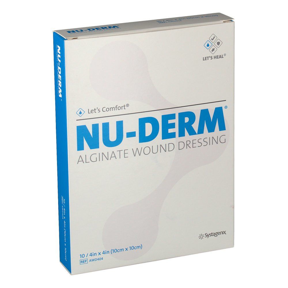 Verpackung von NU-DERM Alginat-Wundverband. Aufschrift: NU-DERM, Alginate Wound Dressing, 10 x 10 cm. Weißer Karton mit blauen Akzenten.
