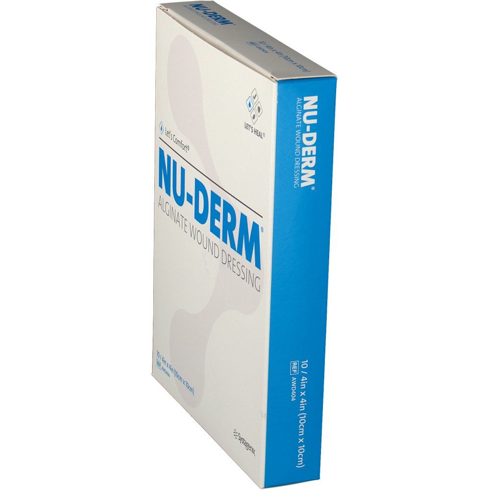 Seitenansicht der NU-DERM Alginat-Wundverband Verpackung. Aufschrift: NU-DERM, Alginate Wound Dressing, 10 x 10 cm. Weißer Karton mit blauen Akzenten.