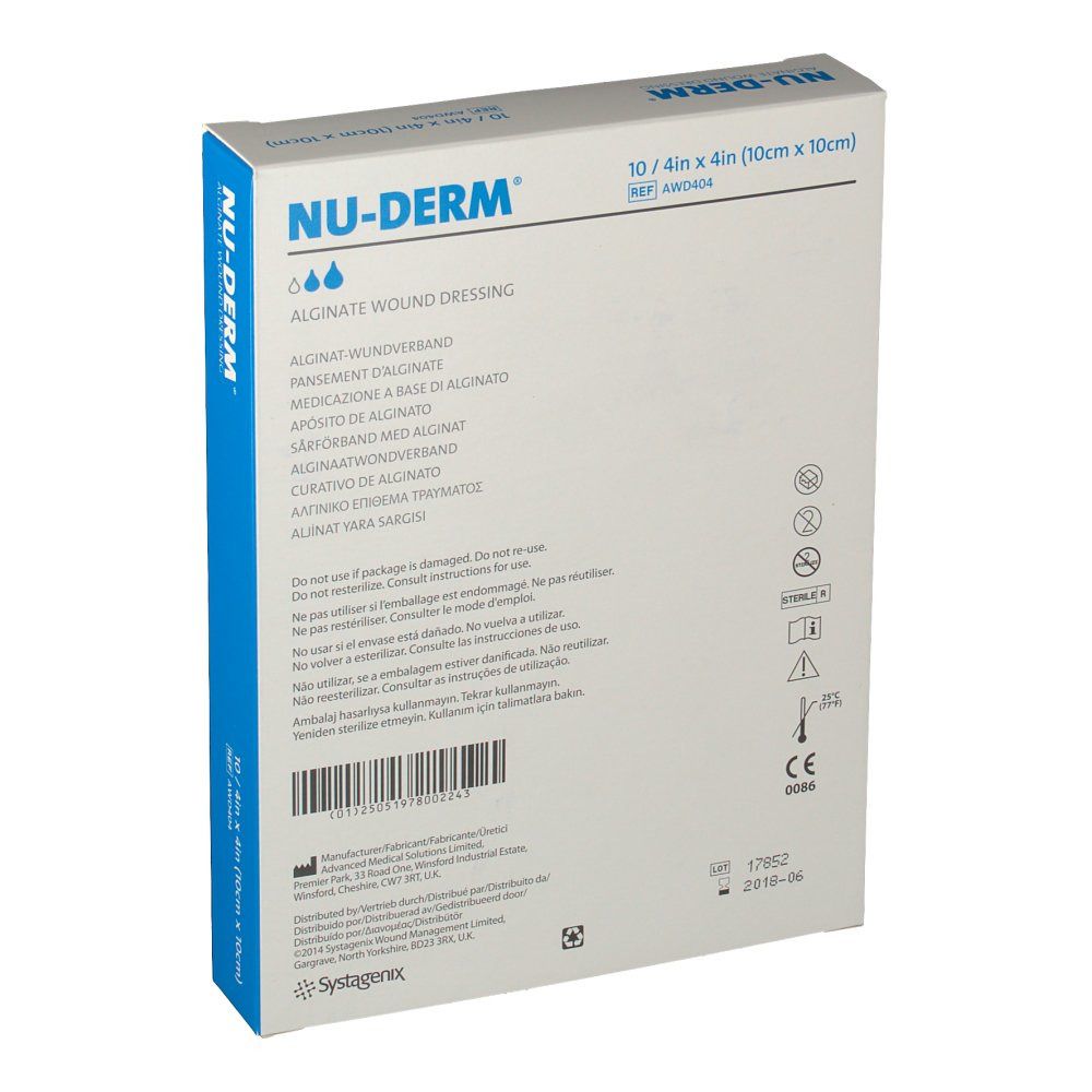 Rückseite der NU-DERM Alginat-Wundverband Verpackung. Mehrsprachige Produktinformationen, CE-Kennzeichnung. Weißer Karton mit blauen Akzenten.