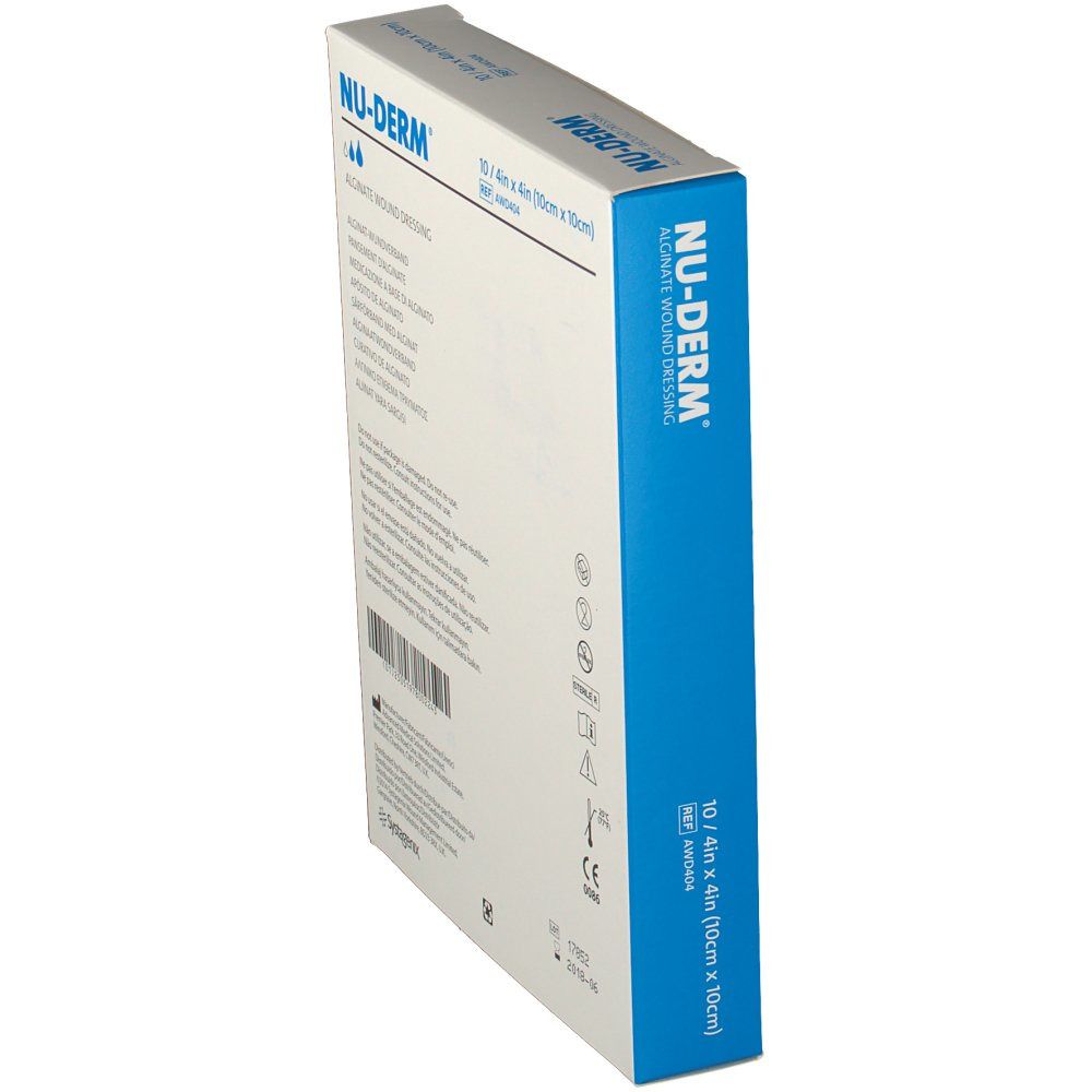 Seitenansicht der NU-DERM Alginat-Wundverband Verpackung. Aufschrift: NU-DERM, Alginate Wound Dressing, 10 x 10 cm. Weißer Karton mit blauen Akzenten.