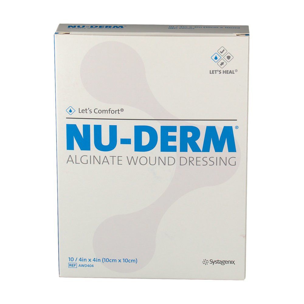 Vorderansicht der NU-DERM Alginat-Wundverband Verpackung. Aufschrift: NU-DERM, Alginate Wound Dressing, 10 x 10 cm. Weißer Karton mit blauen Akzenten.