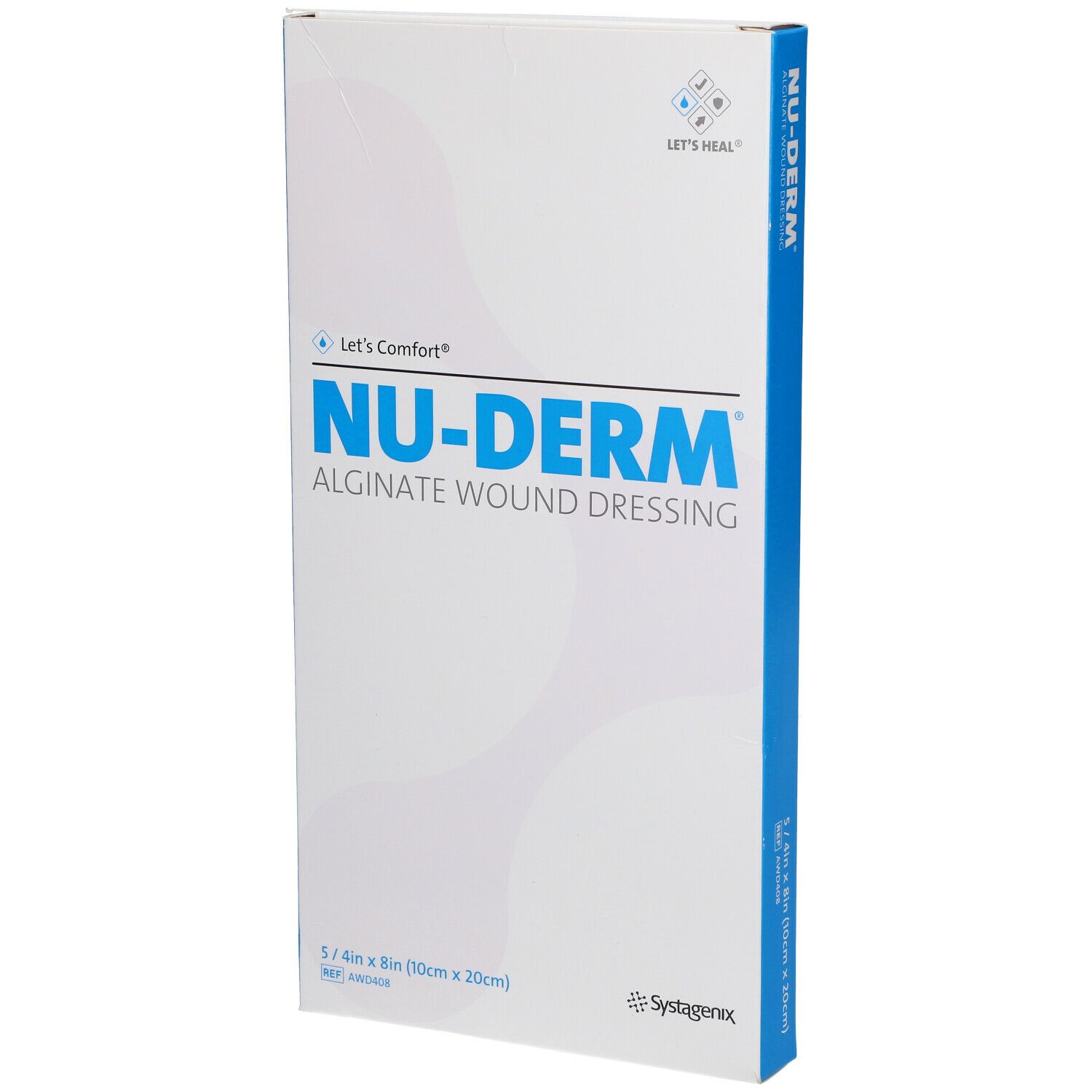 Emballage de pansement Nu-Derm Alginate. Blanc avec accent bleu. Nom du produit et taille clairement visibles.