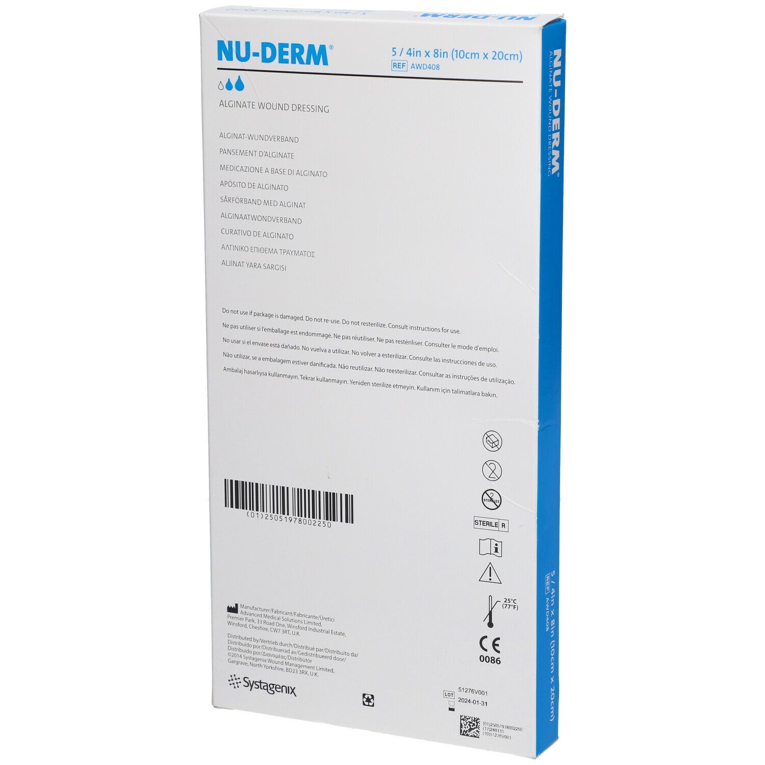 Dos de l'emballage du pansement Nu-Derm Alginate. Blanc avec texte et symboles. Informations et certifications du produit.