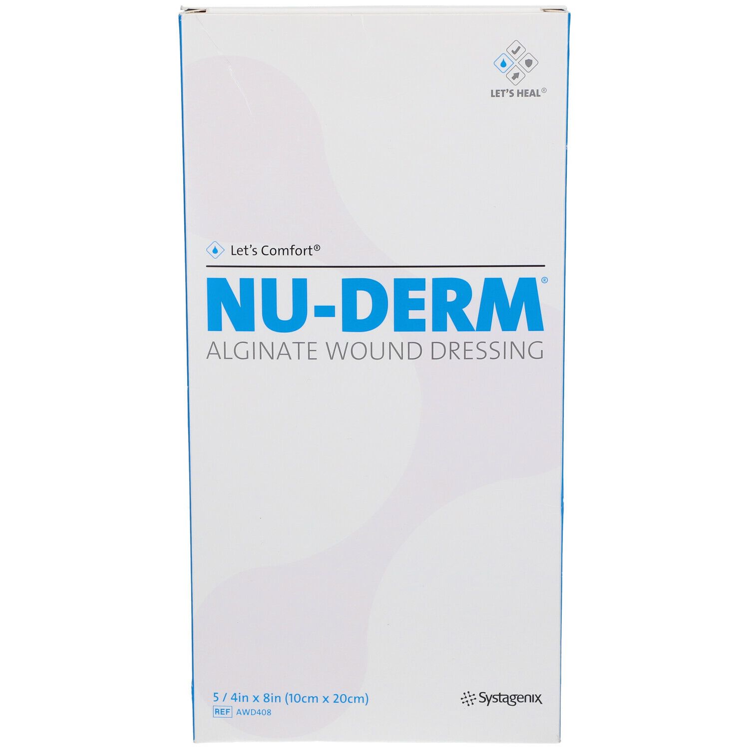 Vue de face de l'emballage du pansement Nu-Derm Alginate. Blanc avec texte bleu. Nom et taille du produit clairs.