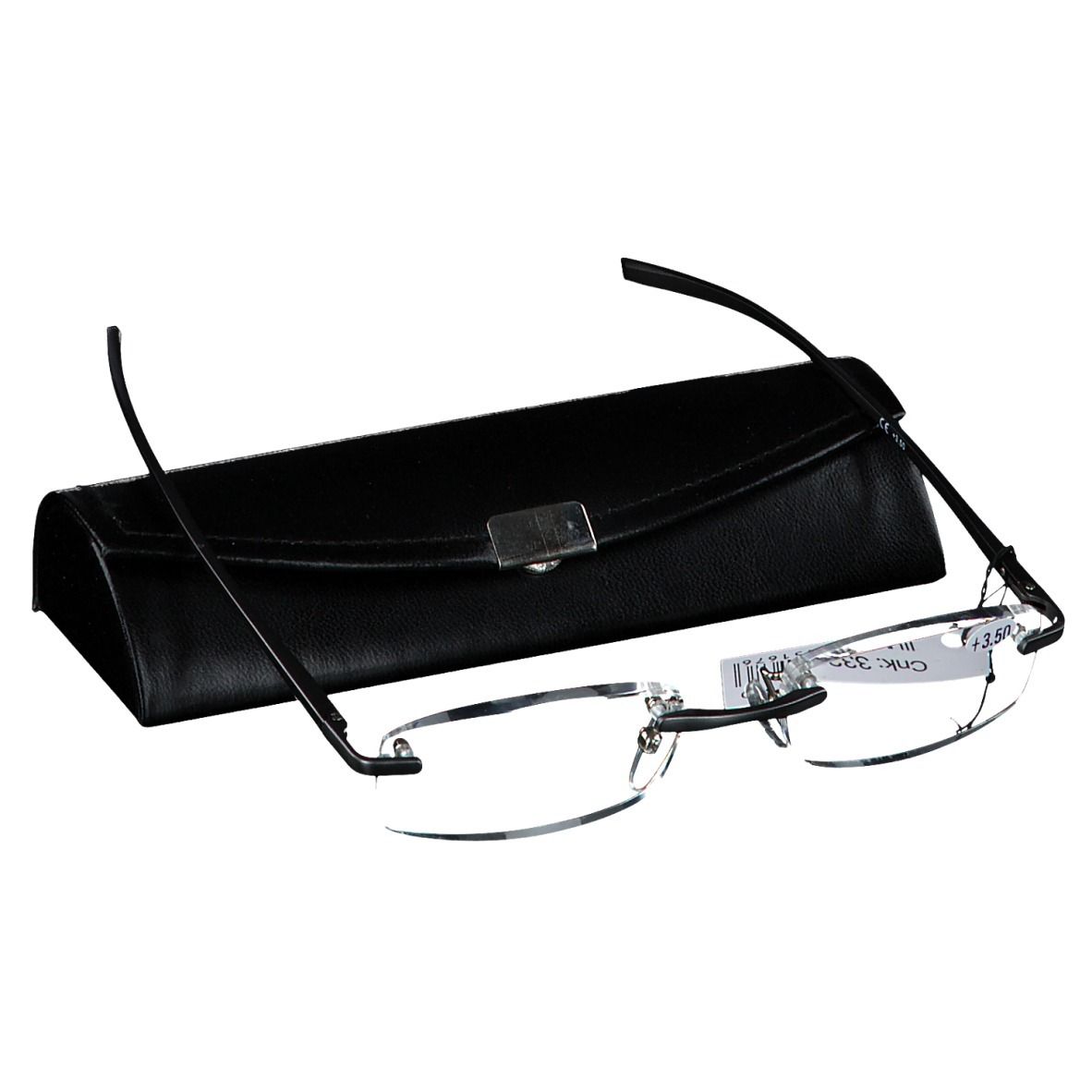 Bril en etui. Bril met transparante glazen en metalen montuur. Zwarte etui.
