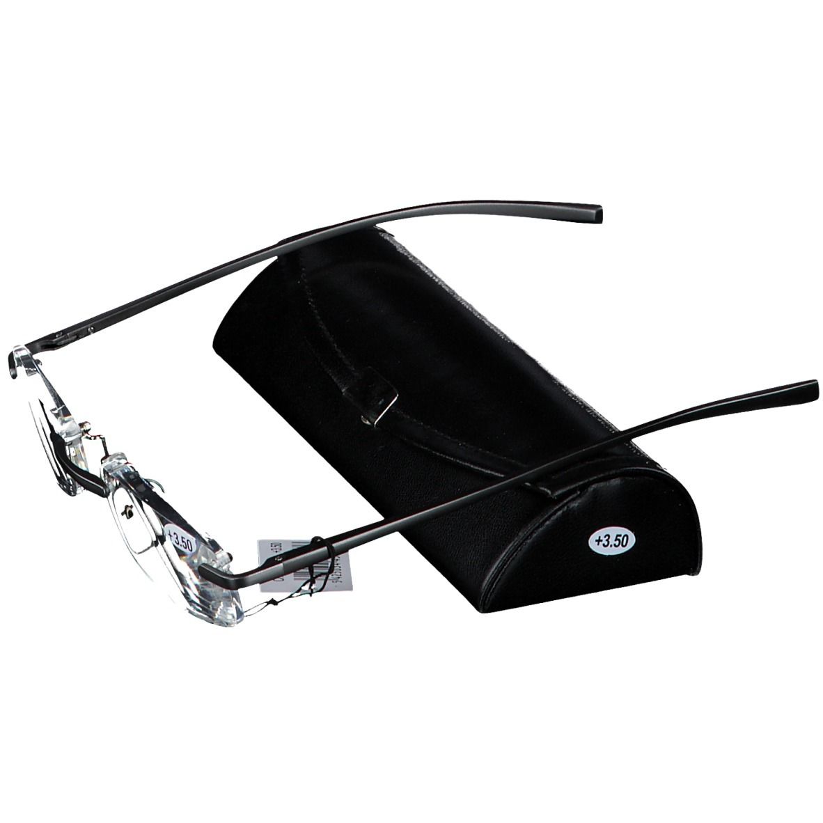 Bril en etui. Bril met transparante glazen en metalen montuur. Zwarte etui.