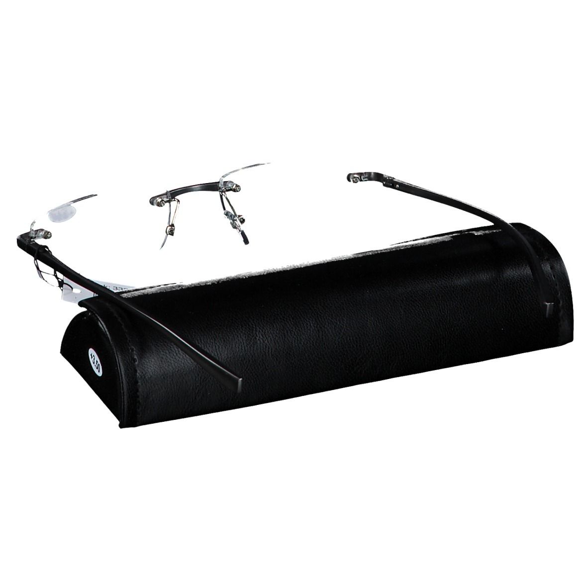 Bril en etui. Bril met transparante glazen en metalen montuur. Zwarte etui.