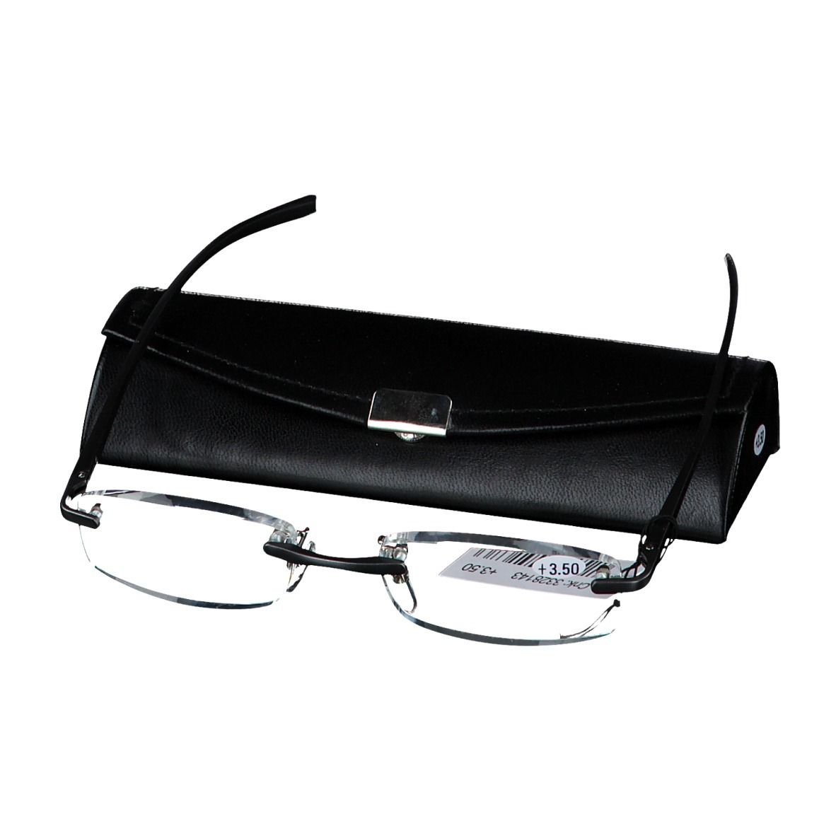 Bril en etui. Bril met transparante glazen en metalen montuur. Zwarte etui.