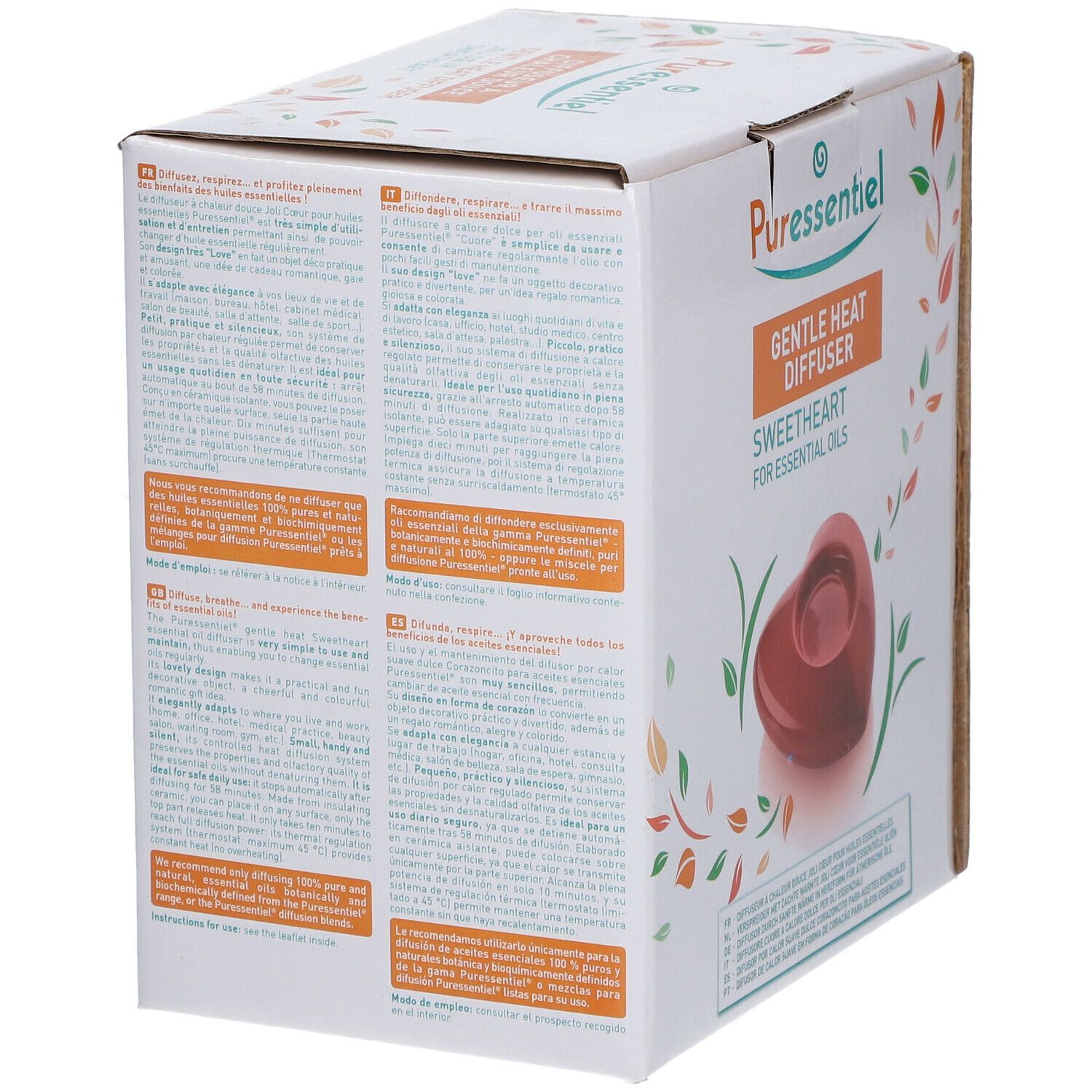 Boîte avec texte et illustrations. Impression: Gentle Heat Diffuser, Sweetheart for essential oils. Diffuseur en forme de cœur.