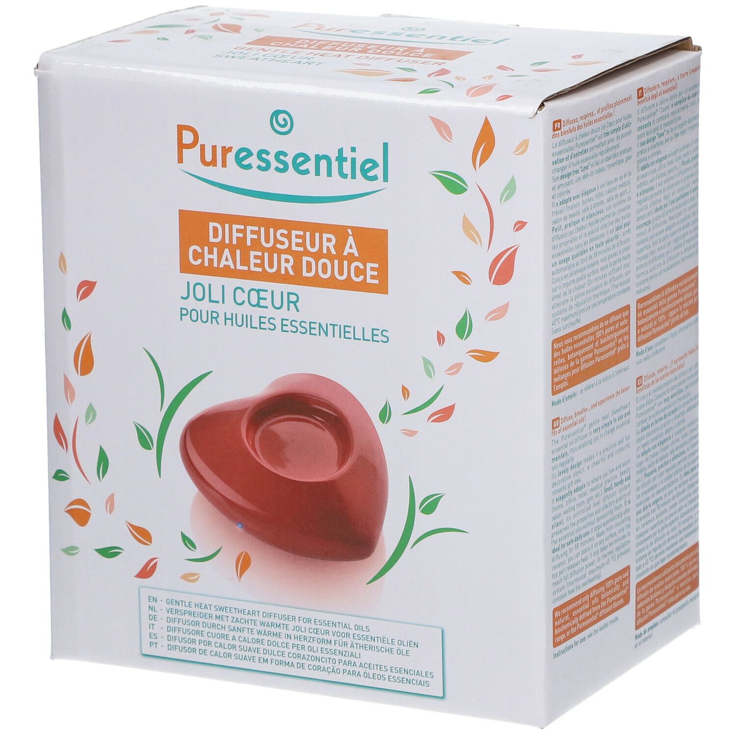 Boîte de diffuseur. Diffuseur en forme de cœur rouge. Texte: Diffuseur à chaleur douce, Joli Coeur pour huiles essentielles.