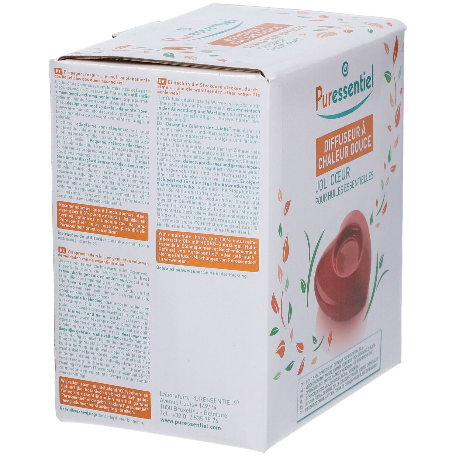 Boîte avec texte et illustrations. Impression: Diffuseur à chaleur douce, Joli Coeur pour huiles essentielles. Diffuseur en forme de cœur.