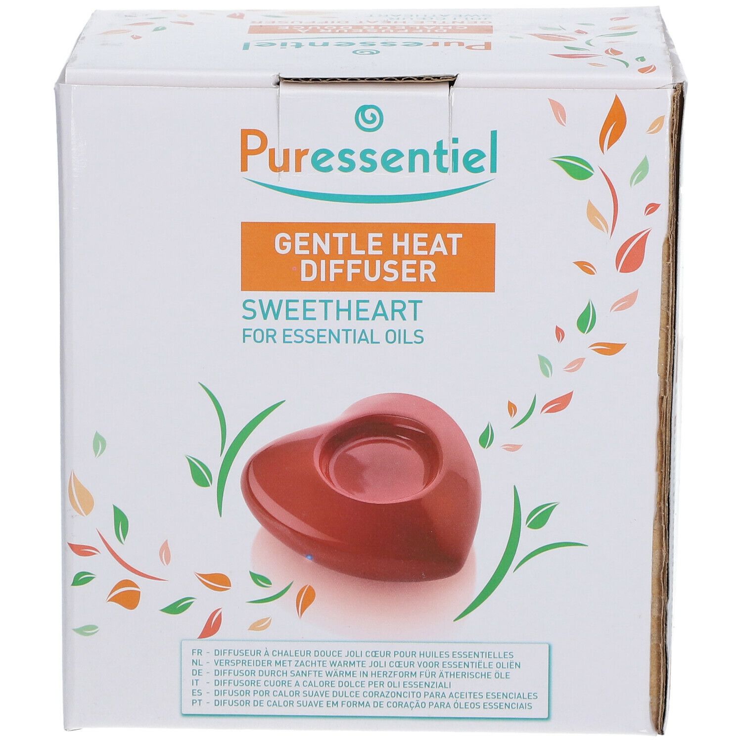 Boîte de diffuseur. Diffuseur en forme de cœur rouge. Texte: Gentle Heat Diffuser, Sweetheart for essential oils.