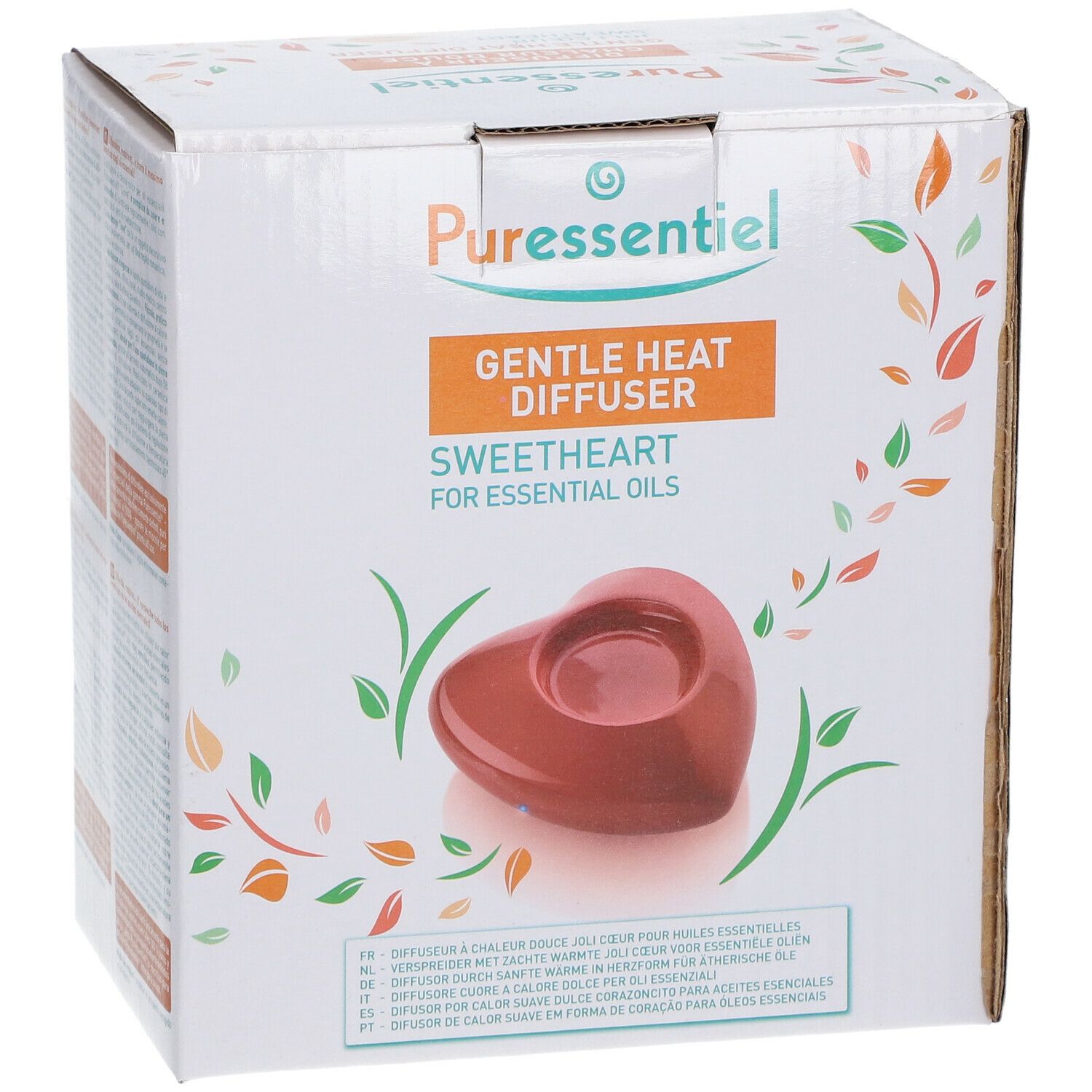 Boîte de diffuseur. Diffuseur en forme de cœur rouge. Texte: Gentle Heat Diffuser, Sweetheart for essential oils.