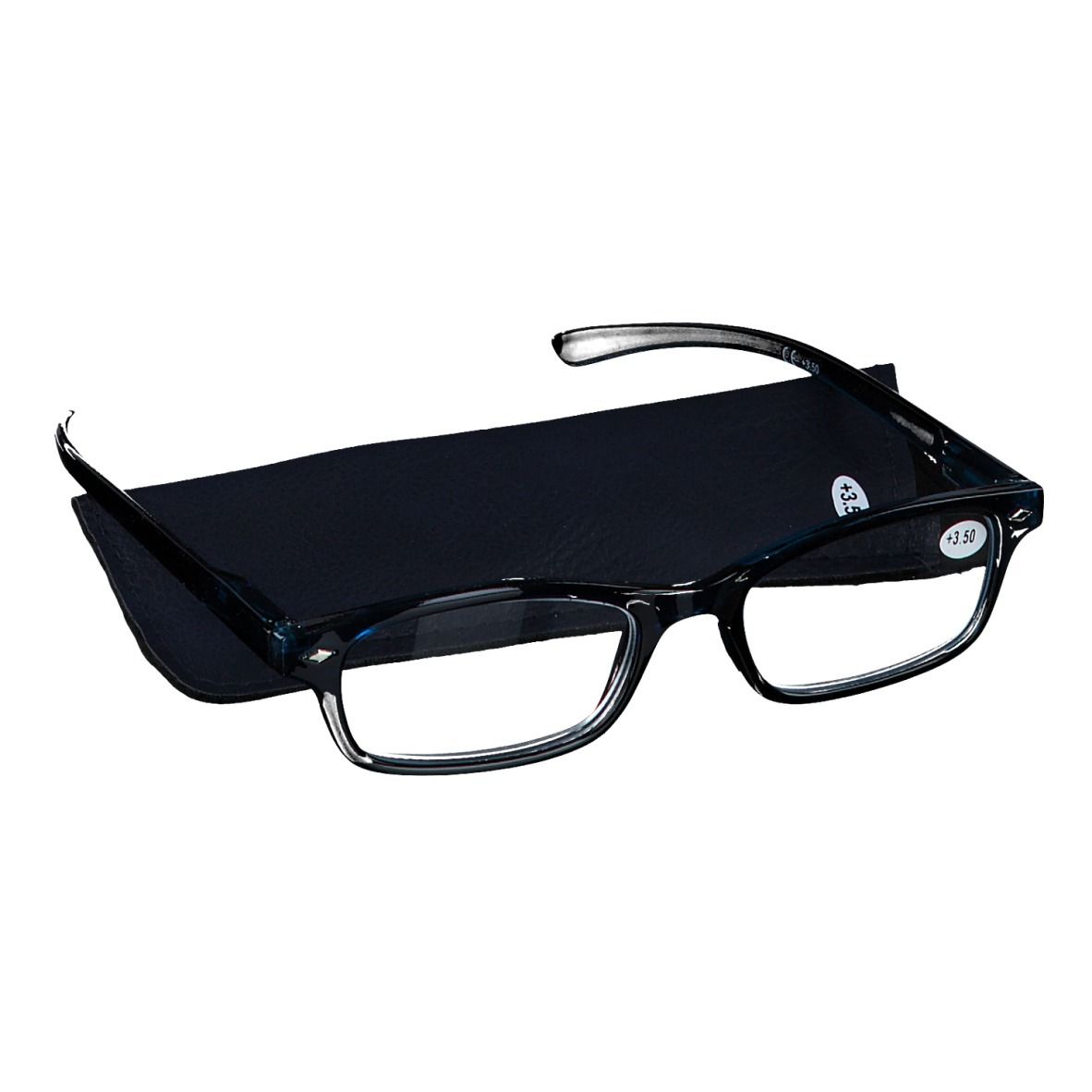 Lunettes de lecture bleu foncé avec étui noir. +3,50 est visible sur la lentille.