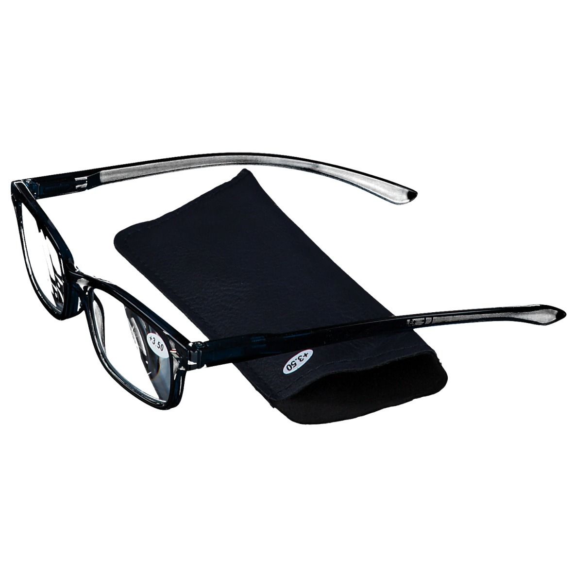 Lunettes de lecture bleu foncé avec étui noir. +3,50 est visible sur la lentille.