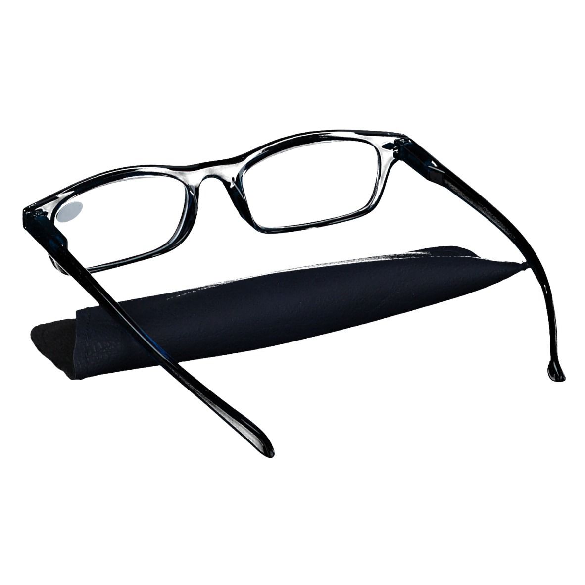 Lunettes de lecture bleu foncé avec étui noir. +3,50 est visible sur la lentille.