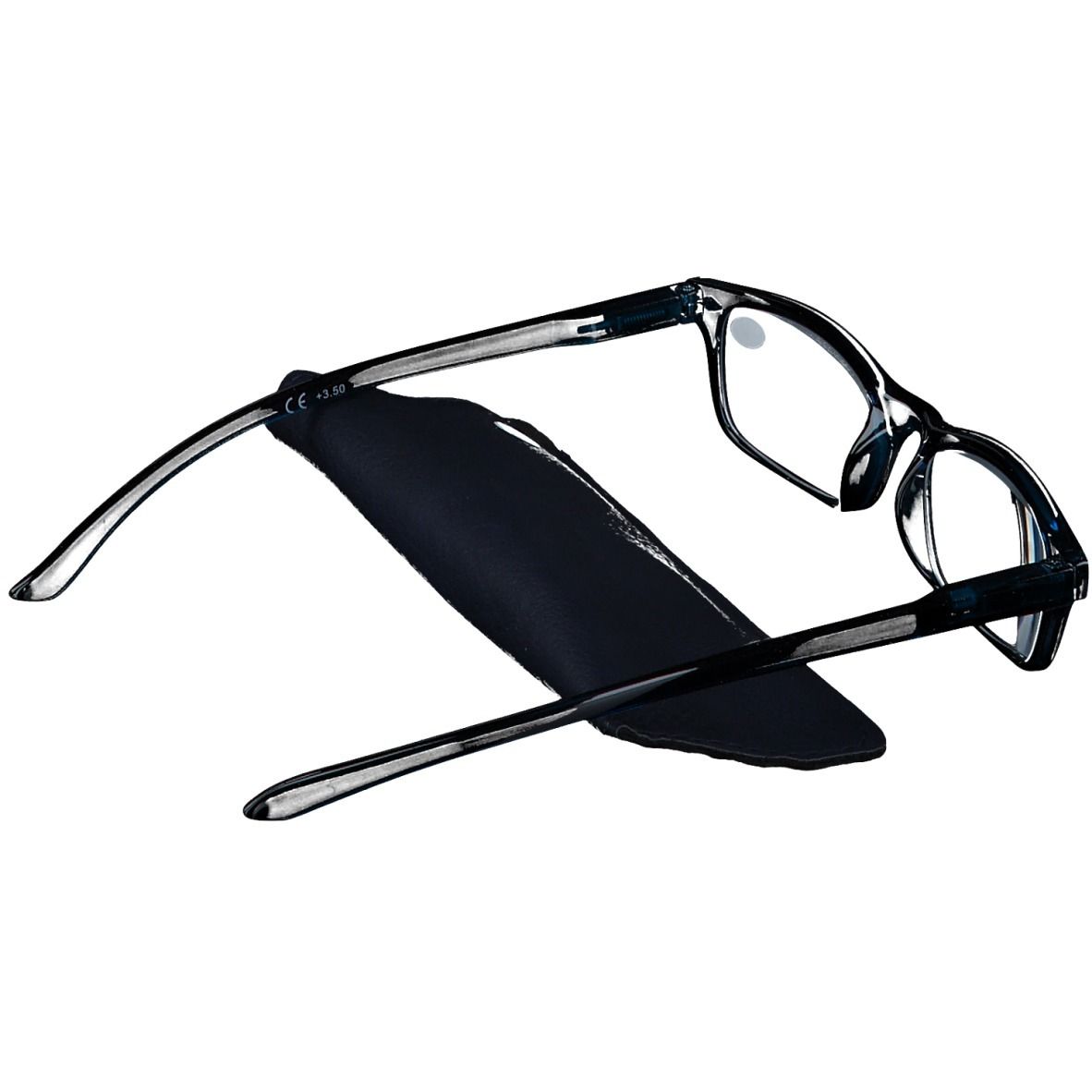Lunettes de lecture bleu foncé avec étui noir. +3,50 est visible sur la lentille.