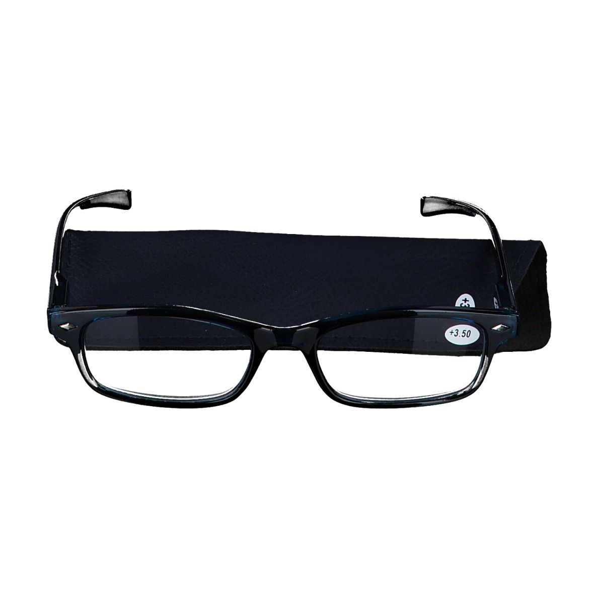 Lunettes de lecture bleu foncé avec étui noir. +3,50 est visible sur la lentille.