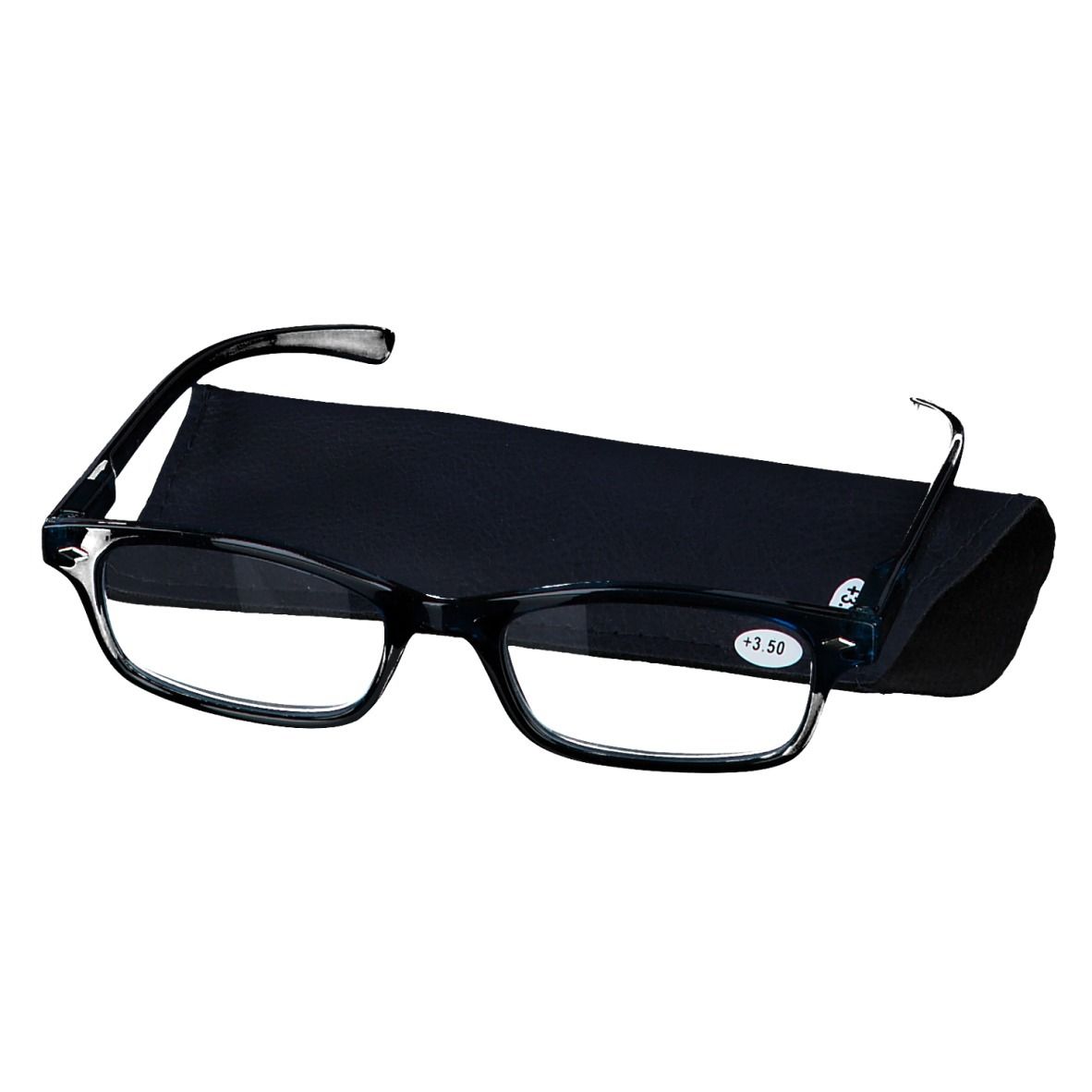 Lunettes de lecture bleu foncé avec étui noir. +3,50 est visible sur la lentille.