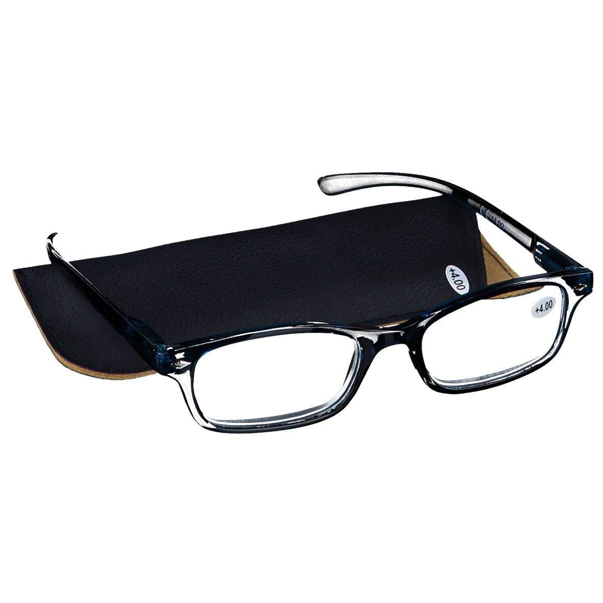 Lunettes de lecture bleu foncé +4 et étui noir. Lunettes à verres rectangulaires, étui partiellement visible.