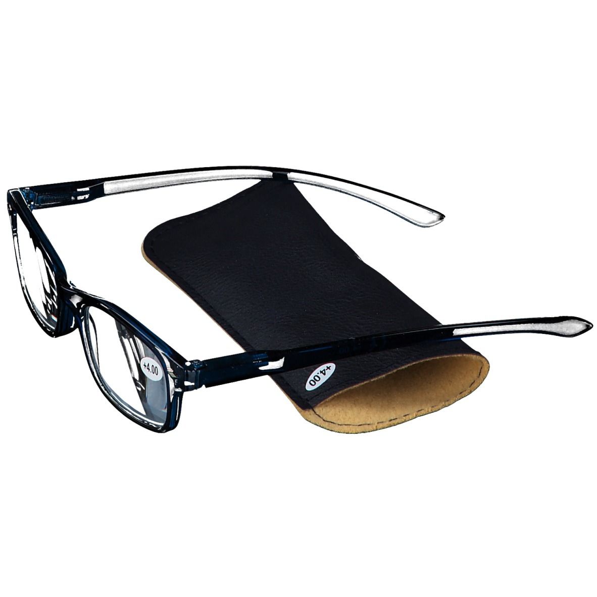 Lunettes de lecture bleu foncé +4 avec étui noir. Lunettes partiellement ouvertes, étui derrière. Verres avec marquage +4.
