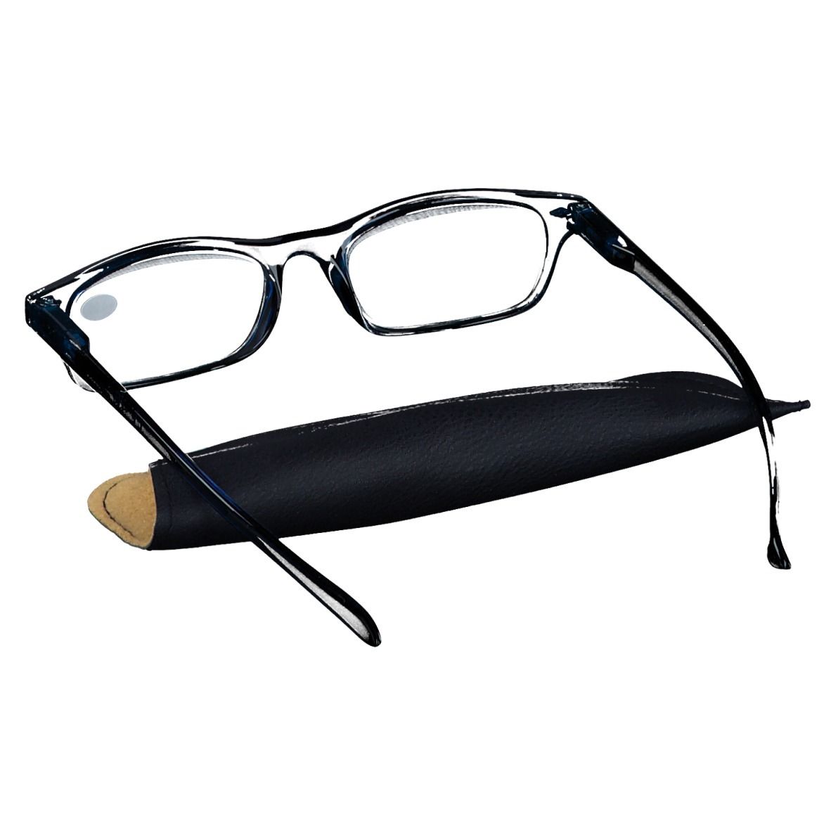 Lunettes de lecture bleu foncé +4 avec étui noir. Lunettes partiellement ouvertes, étui derrière. Verres avec marquage +4.