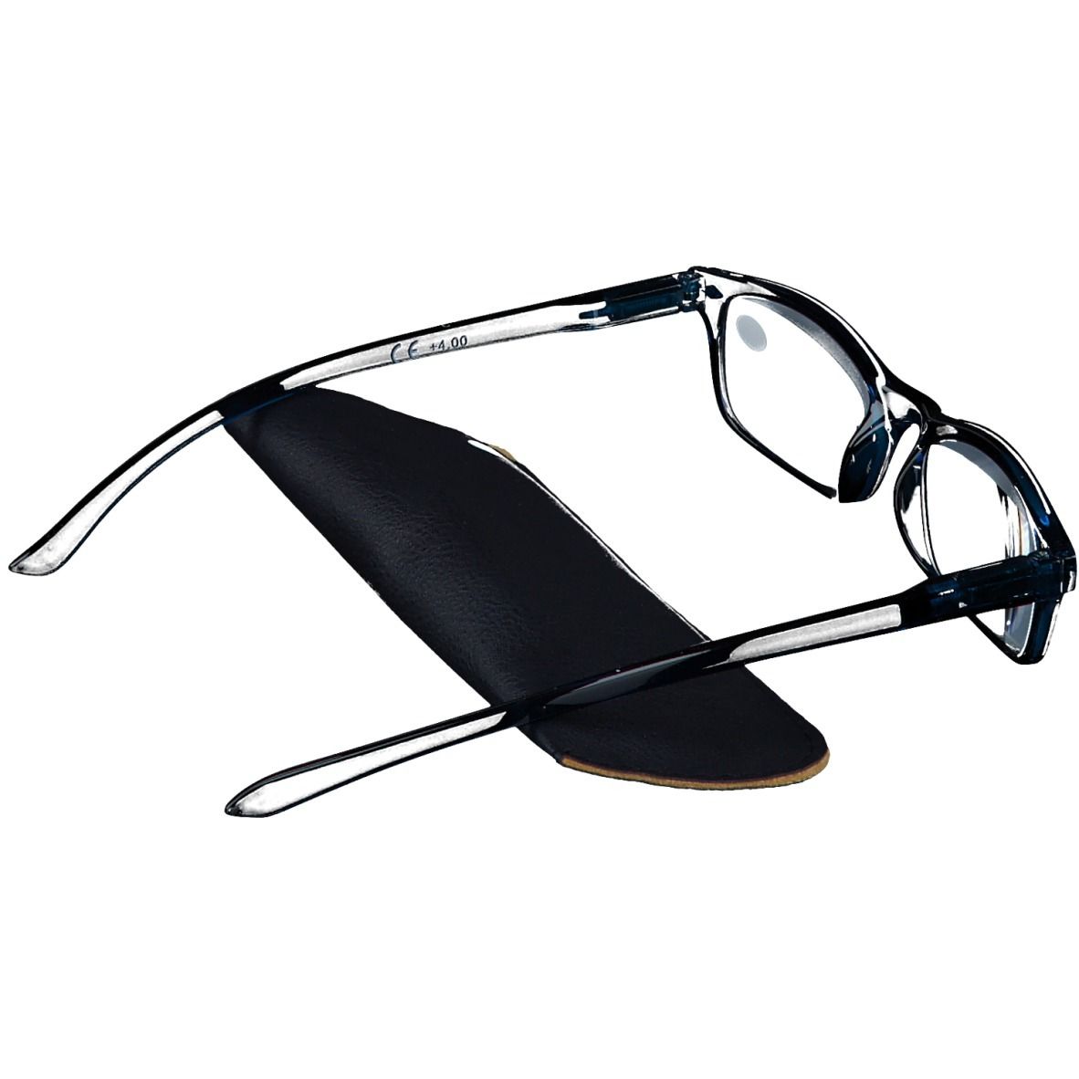 Lunettes de lecture bleu foncé +4 avec étui noir. Lunettes partiellement ouvertes, étui derrière. Verres avec marquage +4.