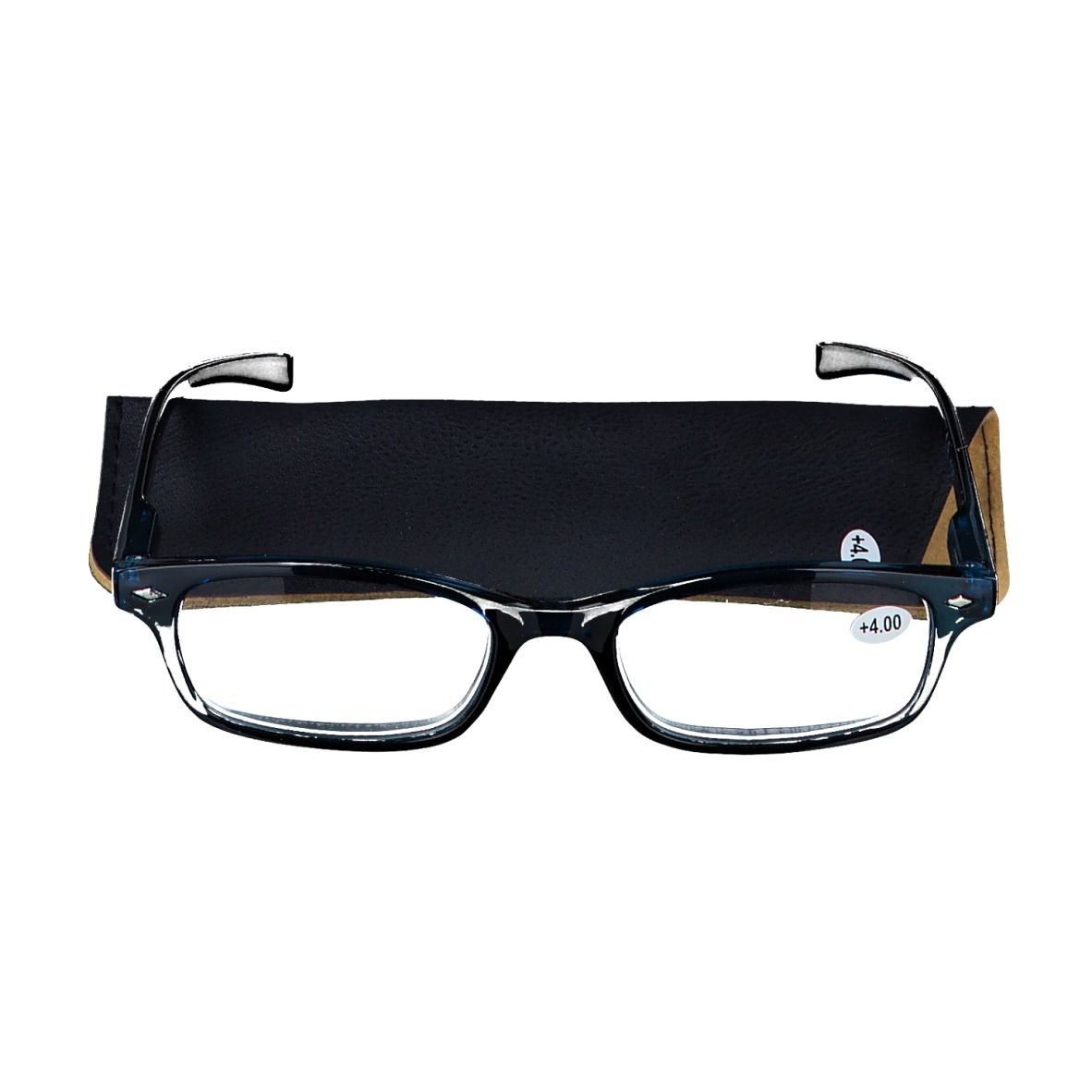 Lunettes de lecture bleu foncé +4 avec étui noir. Lunettes à verres rectangulaires, étui partiellement visible. +4 sur la lentille.