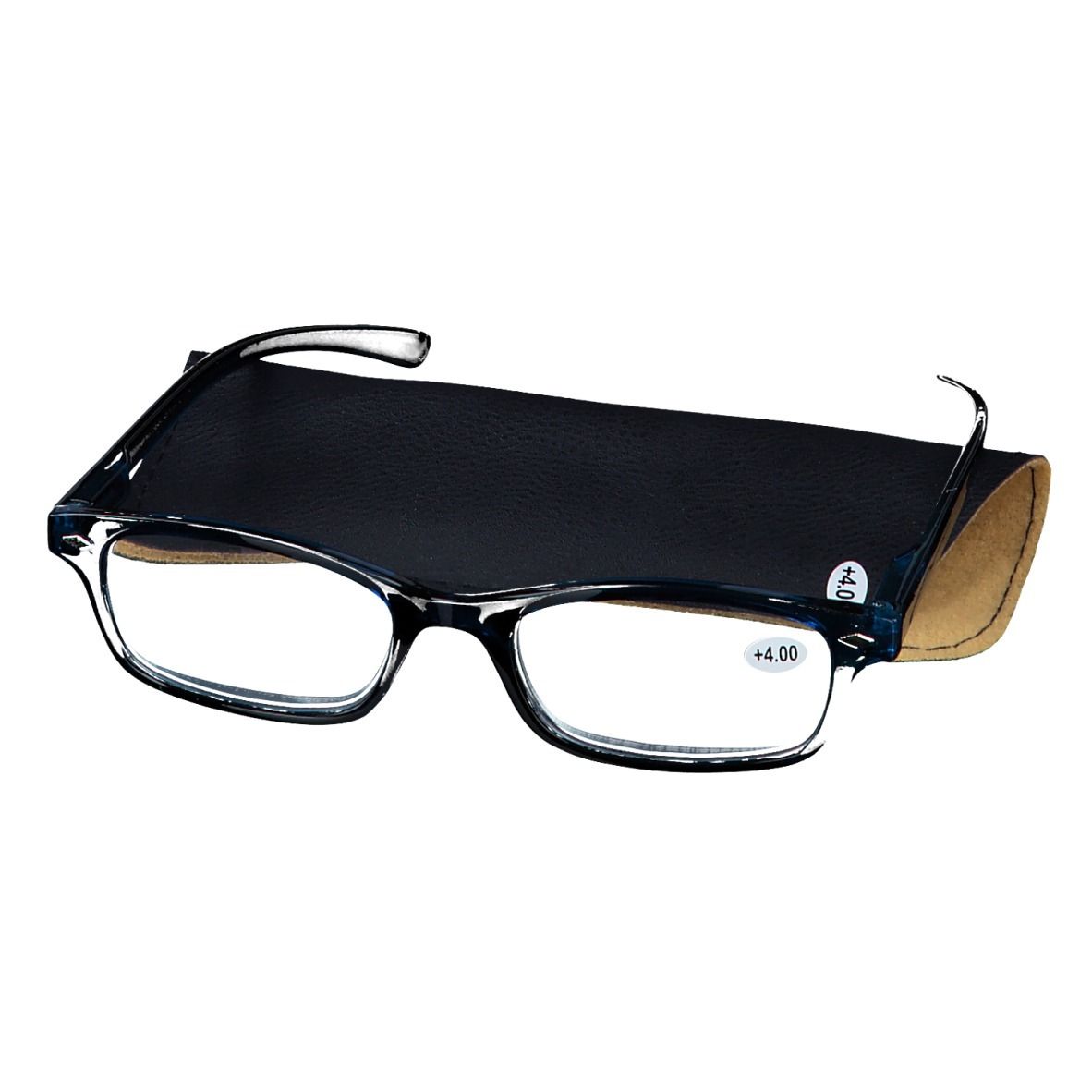 Lunettes de lecture bleu foncé +4 avec étui noir. Lunettes à verres rectangulaires, étui partiellement visible. +4 sur la lentille.