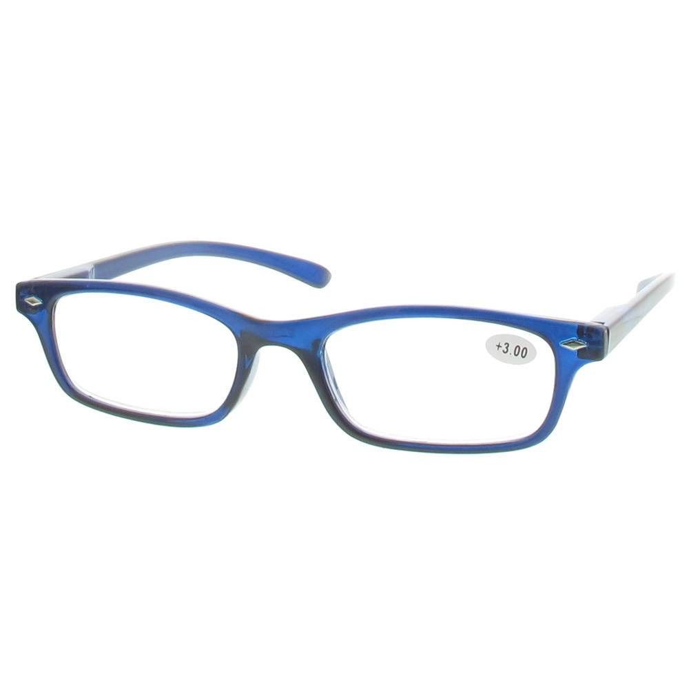 Lunettes bleues foncées, +3.00 sur le verre droit. Forme rectangulaire.