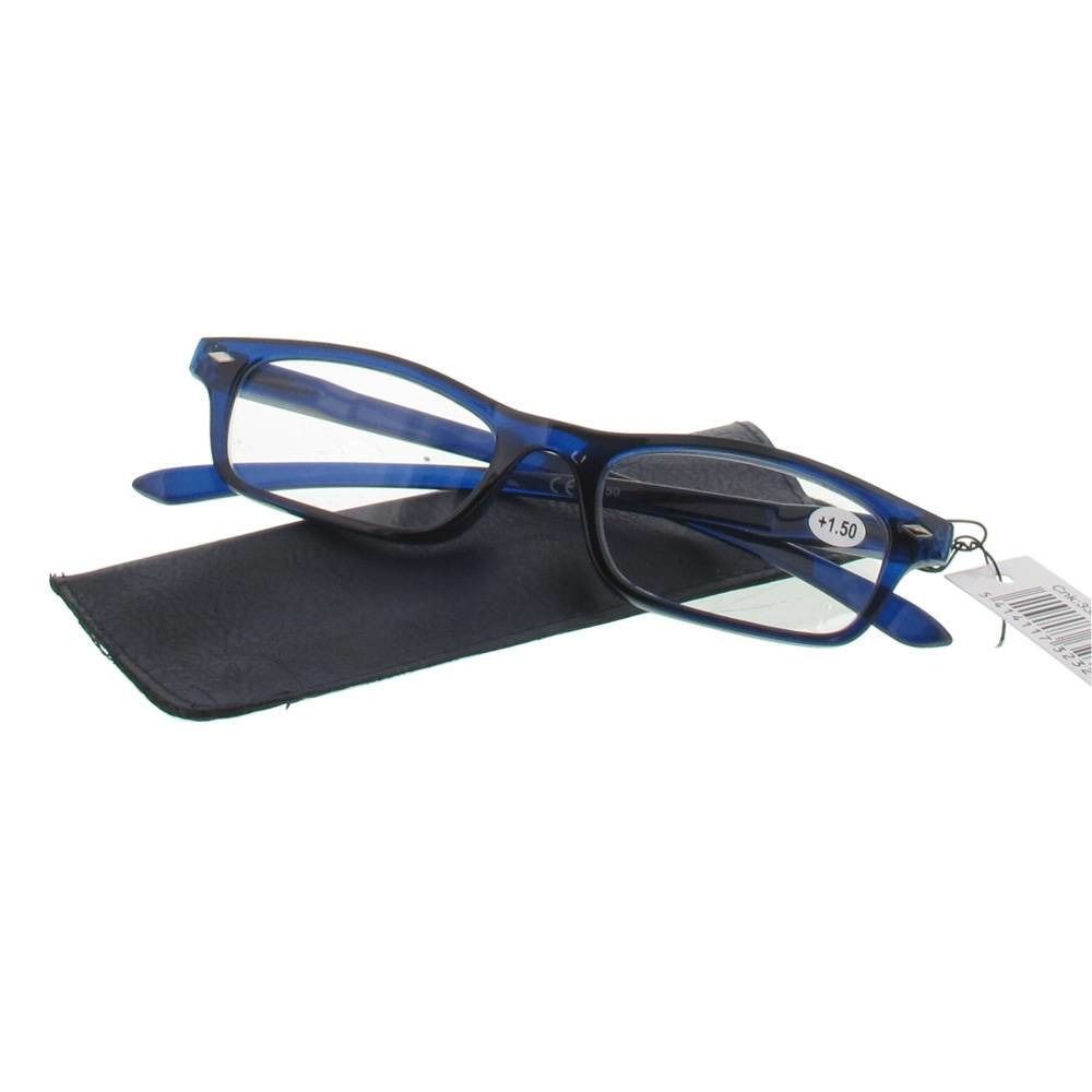 Blauwe leesbril met etui. +1.50 staat op het rechterglas. Bril met rechthoekige glazen.