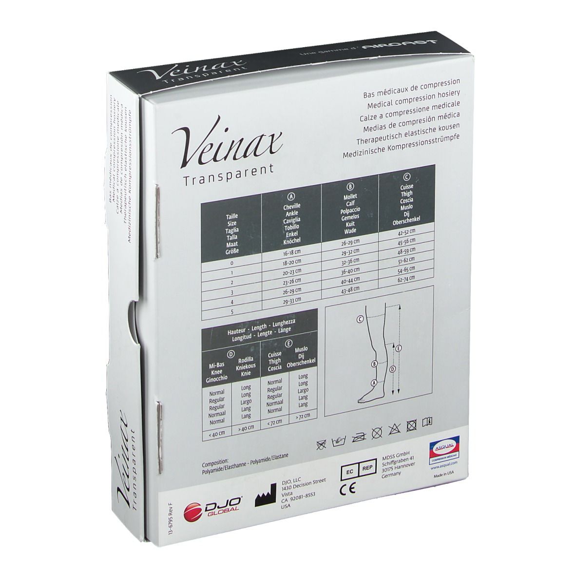 Dos de la boîte de bas de compression médicaux. Informations de taille et marquage CE.