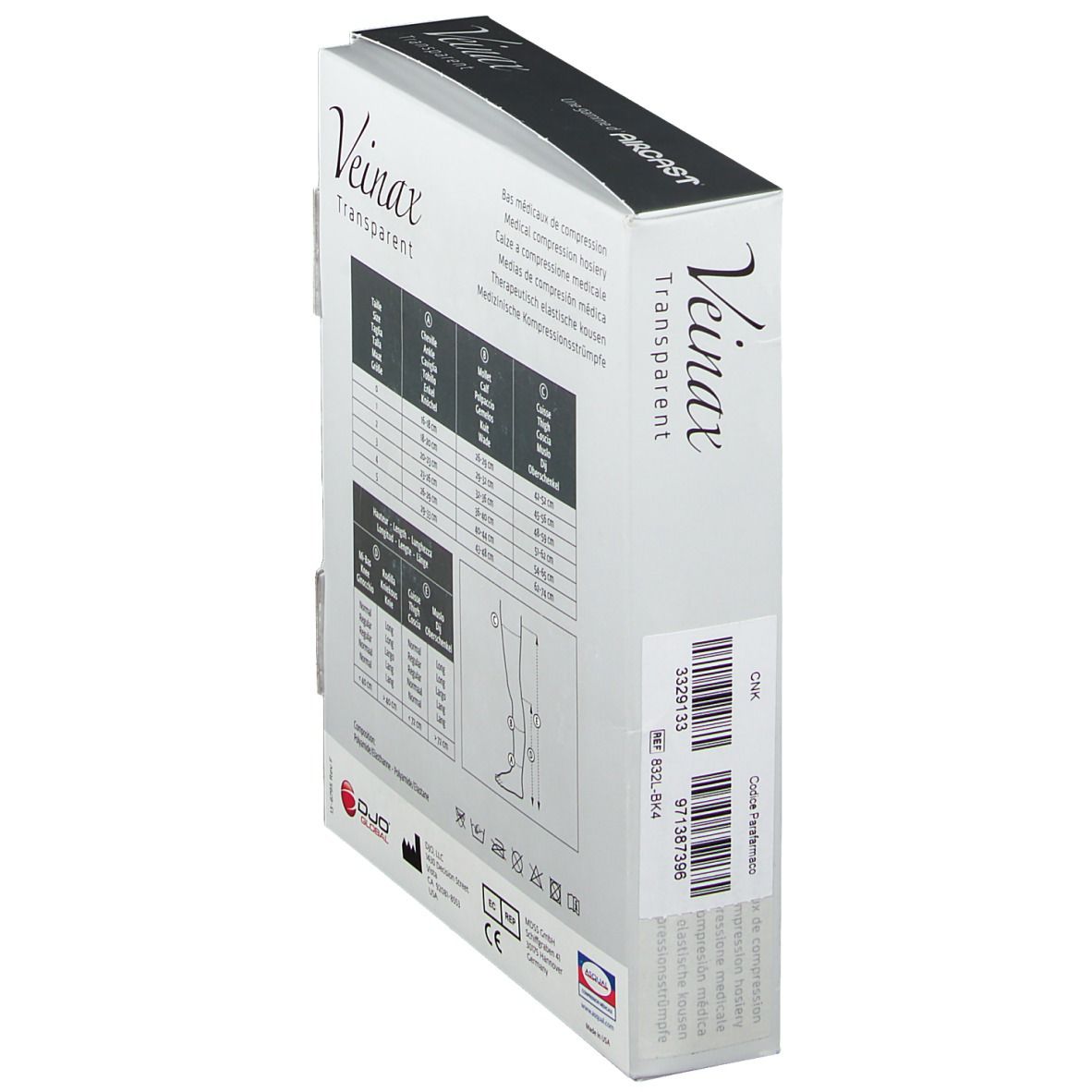 Vue latérale de la boîte de bas de compression médicaux. Code-barres et informations de taille.