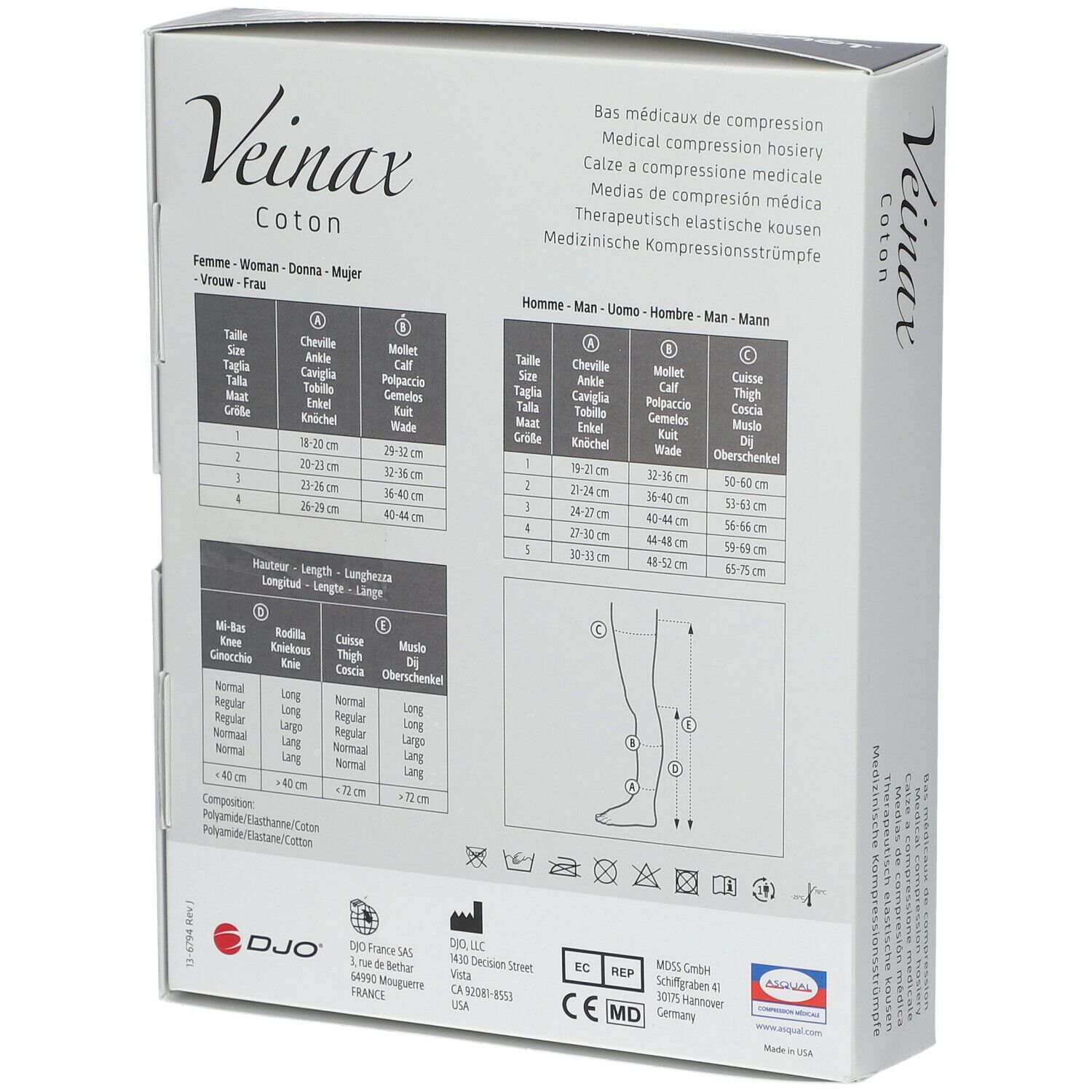 Dos de la boîte Veinax Coton. Contient des tableaux de tailles et des informations sur le produit. Marquage CE.