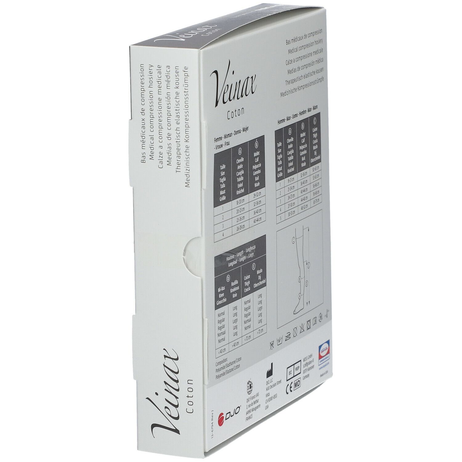 Vue latérale de la boîte Veinax Coton. Contient des tableaux de tailles et des informations sur le produit. Marquage CE.