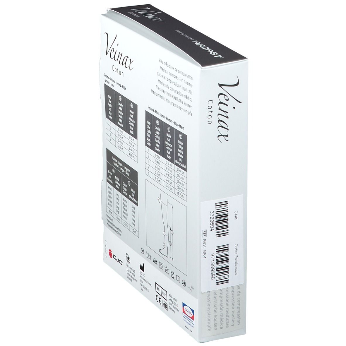 Vue latérale de la boîte de bas de compression médicaux. Informations de taille, code-barres. Logos: DJO, marquage CE.