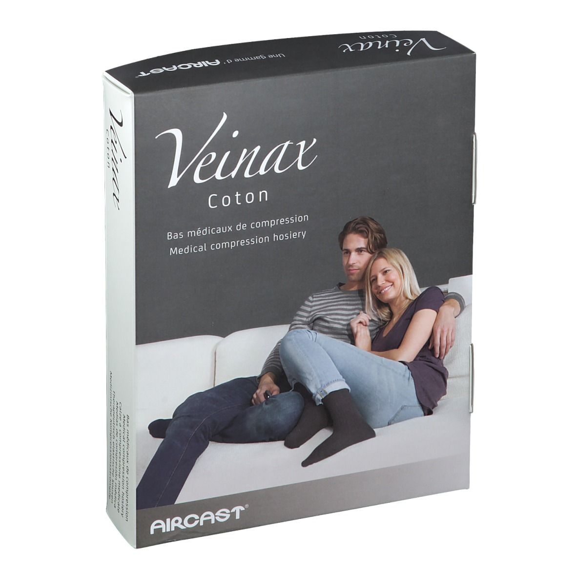 Boîte de bas de compression AIRCAST® Veinax Coton. Inscription : Veinax Coton, Bas médicaux de compression, Medical compression hosiery.