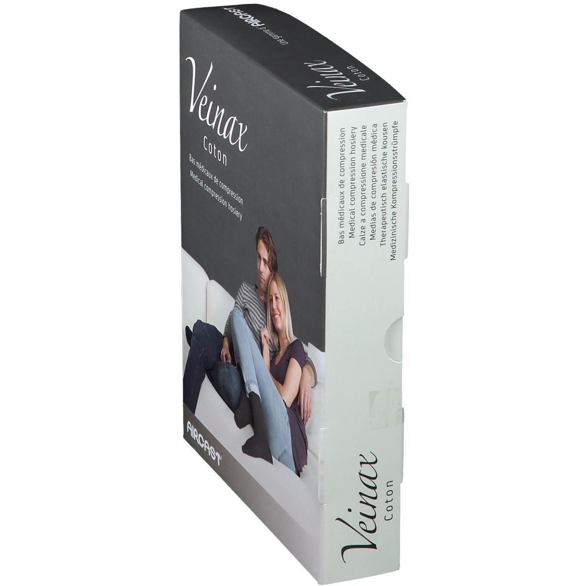 Boîte de bas de compression AIRCAST® Veinax Coton. Inscription : Veinax Coton, Bas médicaux de compression, Medical compression hosiery. Vue latérale.