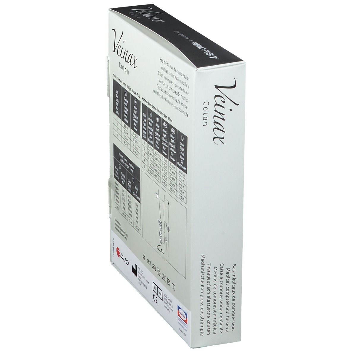 Vue latérale de la boîte de bas de compression AIRCAST® Veinax Coton. Inscription : Veinax Coton, Bas médicaux de compression, Medical compression hosiery.