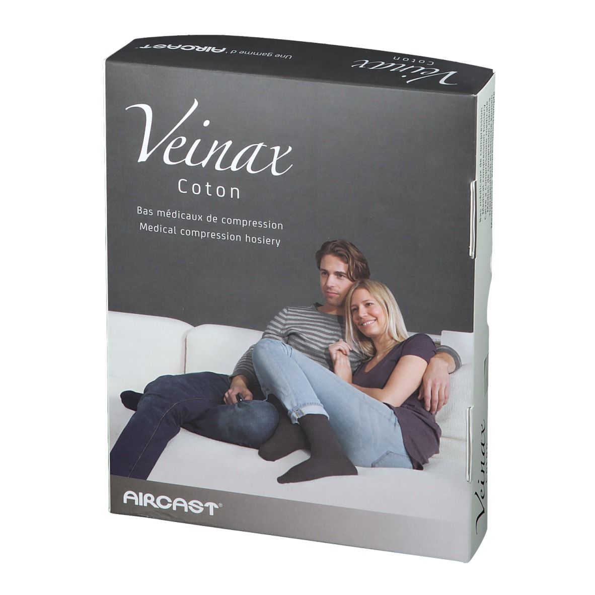 Boîte de bas de compression AIRCAST® Veinax Coton. Inscription : Veinax Coton, Bas médicaux de compression, Medical compression hosiery.