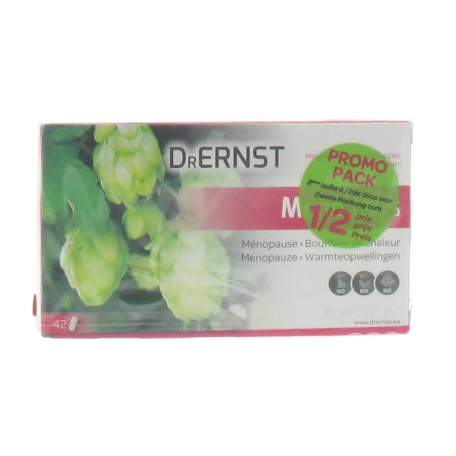 Emballage Dr. Ernst Menotabs Promo Duopack. Design vert et blanc avec nom du produit et autocollant Promo Pack. Contient 42 comprimés.