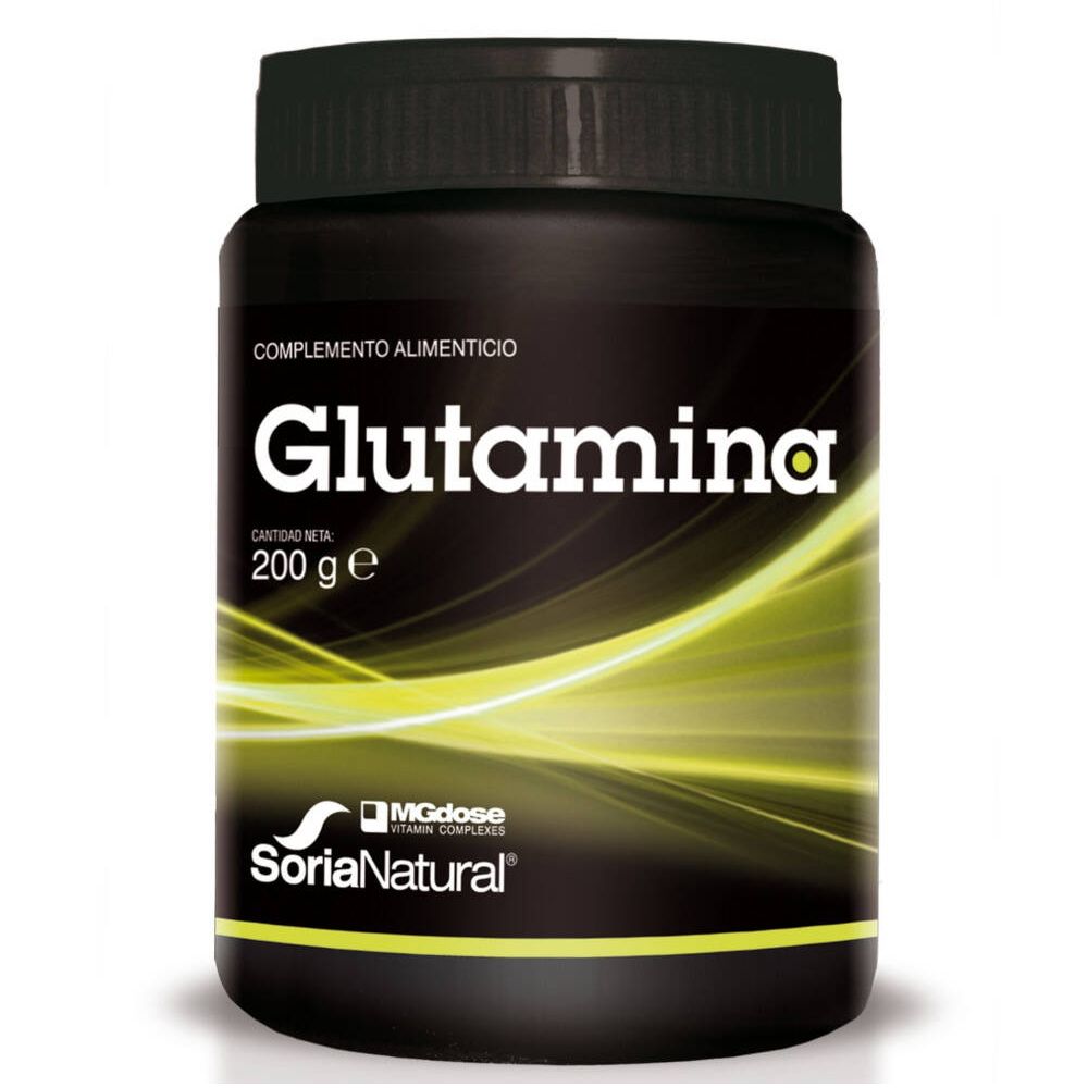 Zwarte pot met witte tekst Glutamina en 200 g. Merk SoriaNatural® onderaan.