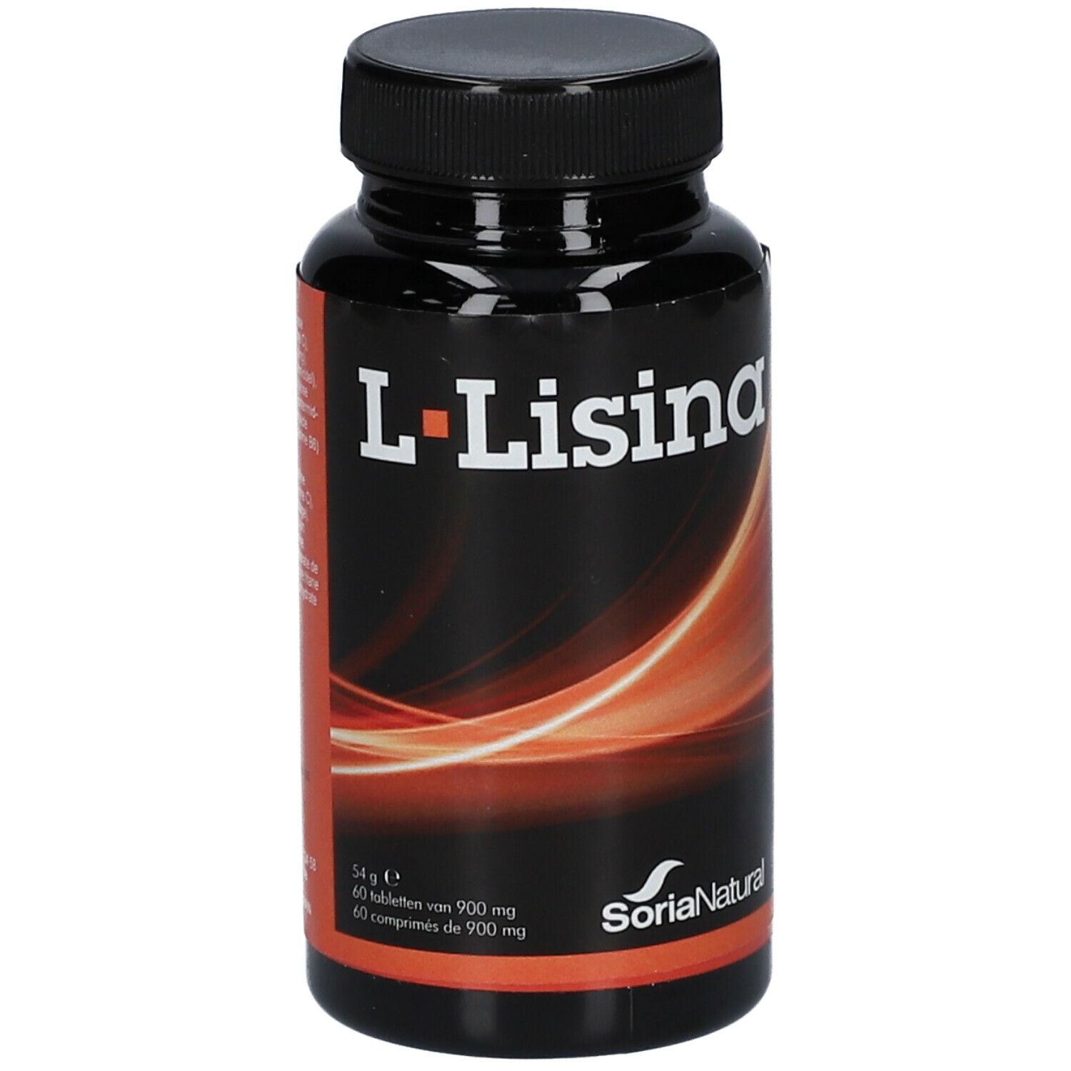 Flacon noir avec étiquette L-Lisina. Contient 60 comprimés. Marque SoriaNatural.