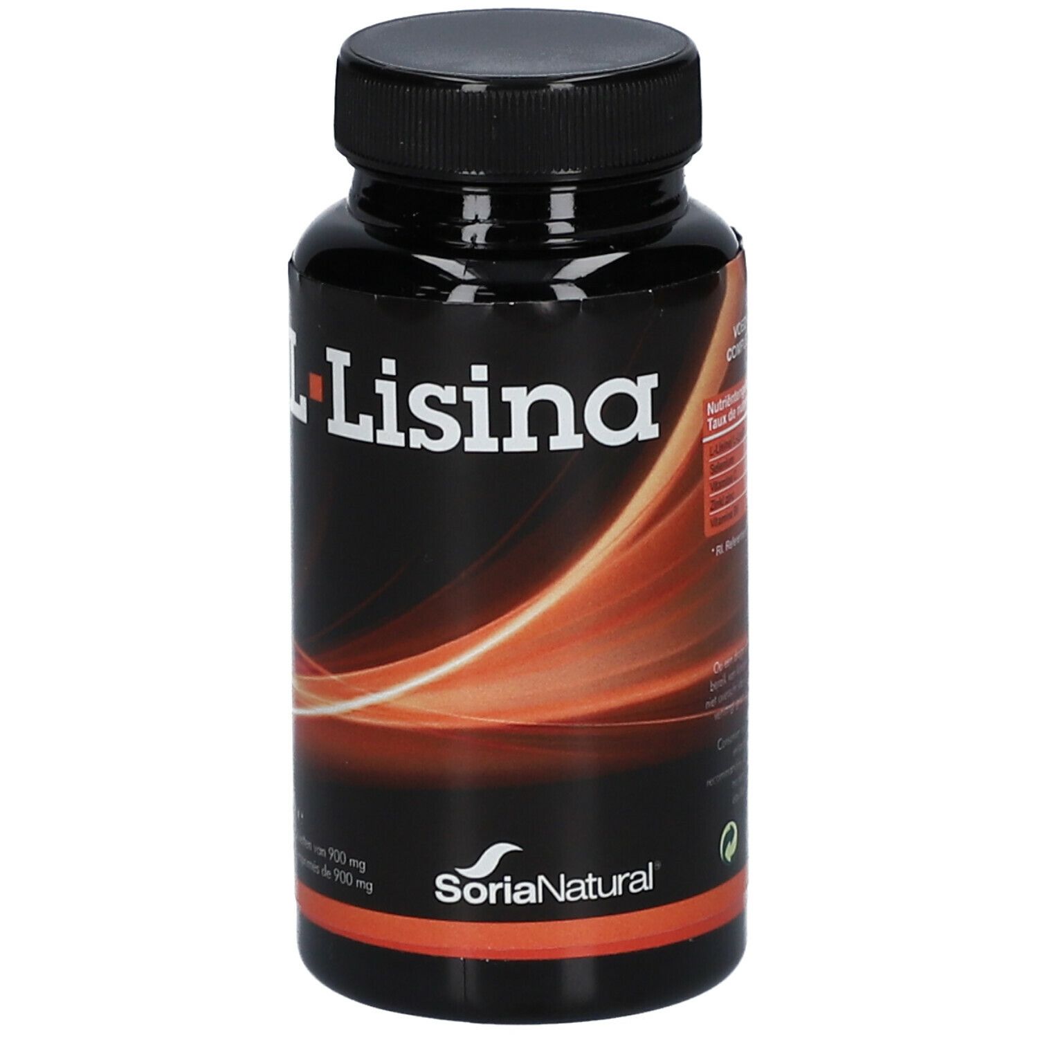 Flacon noir avec étiquette L-Lisina. Contient 60 comprimés. Marque SoriaNatural.
