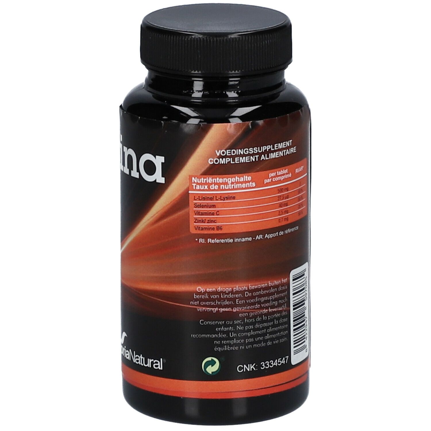 Dos du flacon noir avec informations nutritionnelles. Contient 60 comprimés. Marque SoriaNatural.