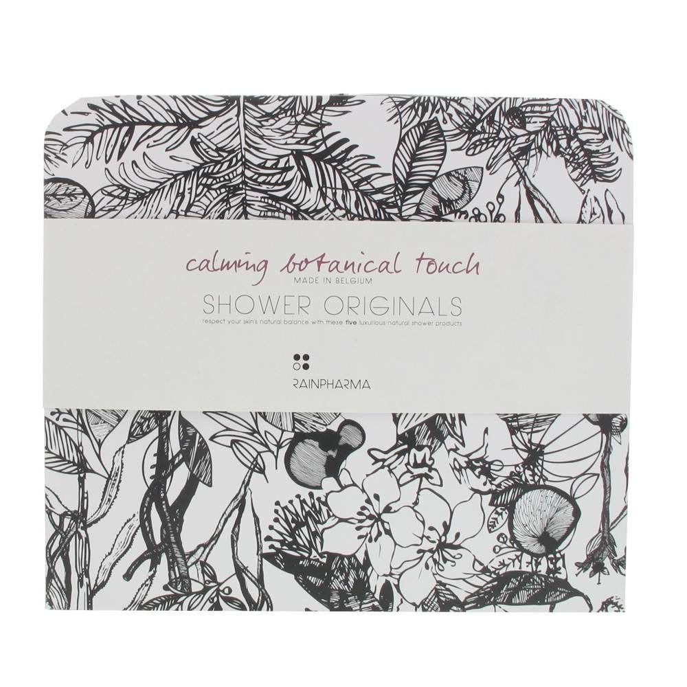 Koffer met bloemenpatroon. Tekst: "calming botanical touch", "SHOWER ORIGINALS", "RAINPHARMA".